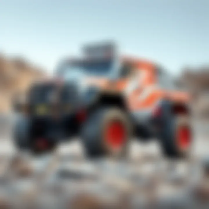 A detailed view of an 8x8 remote-controlled truck showcasing its robust design.