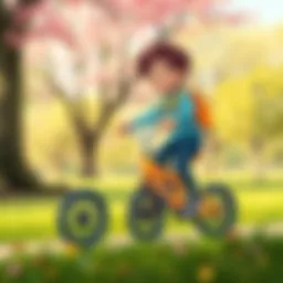 Child riding a balance bike in a park, showcasing motor skills