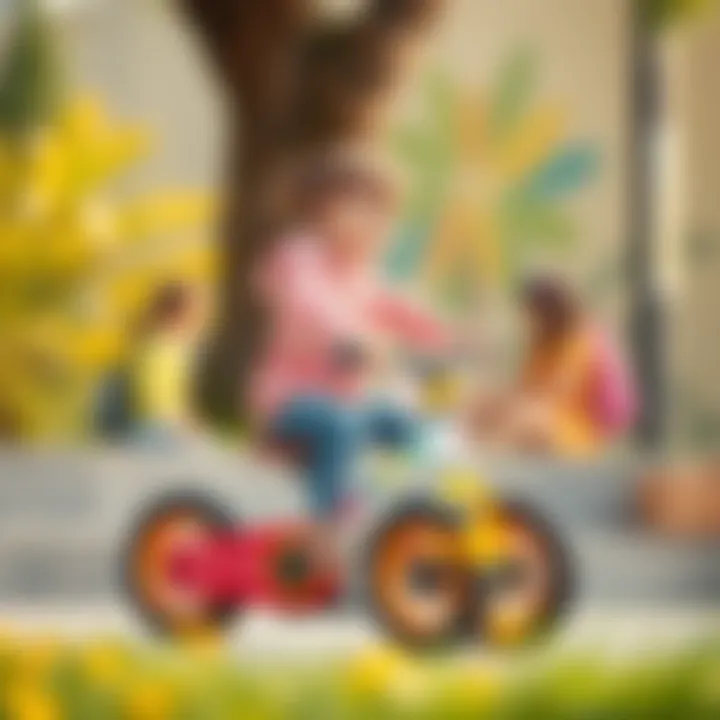 Parent teaching a child how to ride a balance bike with care