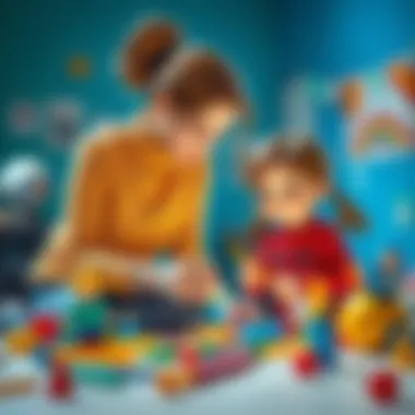 An expressive piece illustrating a mother guiding her child through a creative activity.