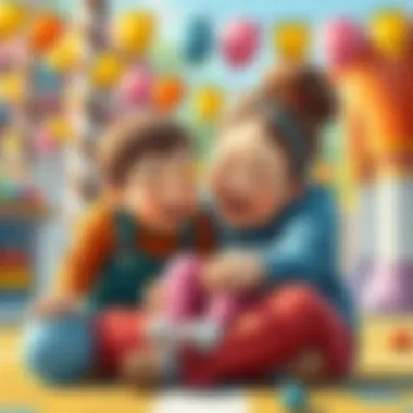 A vibrant painting depicting a playful interaction between a mother and her child.