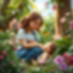 A mother and child sharing a tender moment in a lush garden.