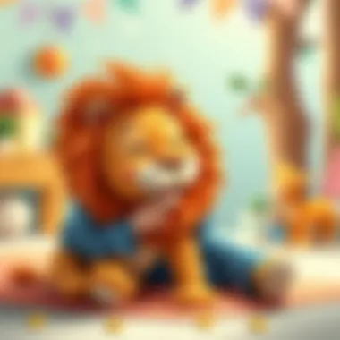 A child playing with a lion-shaped plush toy