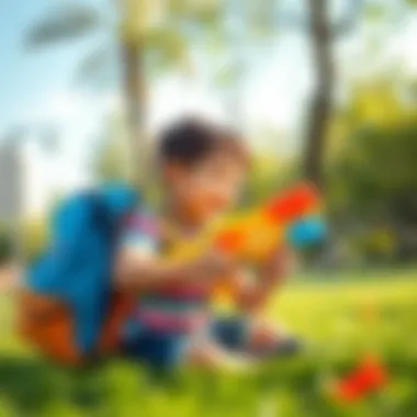A child joyfully playing with a backpack water gun in a sunny park
