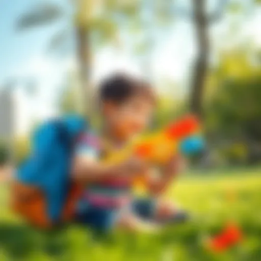 A child joyfully playing with a backpack water gun in a sunny park