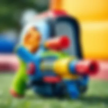 Close-up of a colorful backpack water gun showcasing its design features