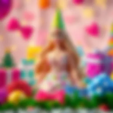 A vibrant Barbie birthday doll surrounded by festive decorations