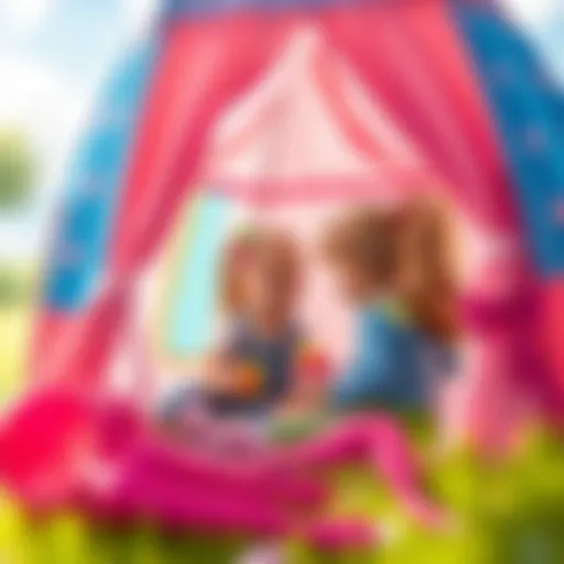 Children playing inside a colorful Barbie tent