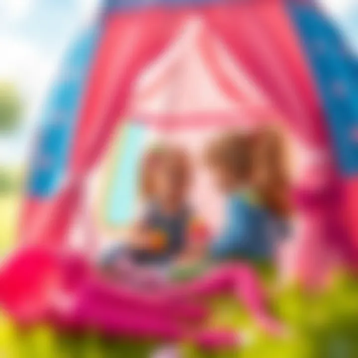 Children playing inside a colorful Barbie tent