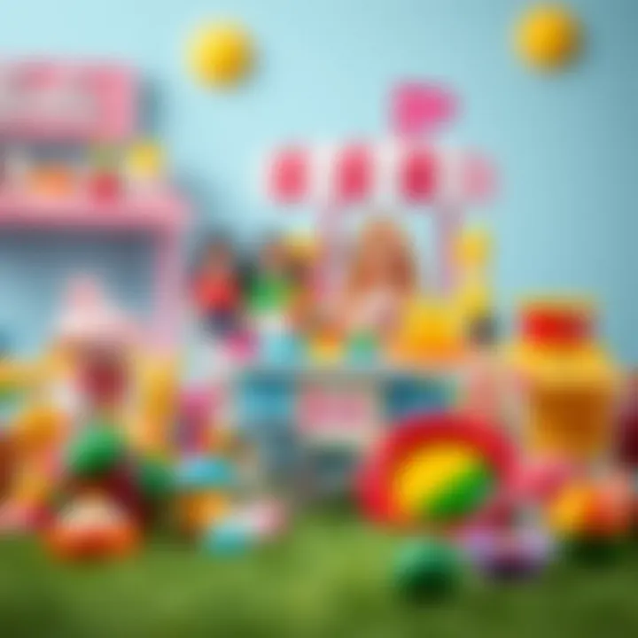 Colorful assortment of toys and Barbie food cart