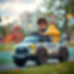 A battery-powered police car for children in action on a playground