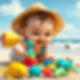 A baby exploring the beach with colorful sea toys.