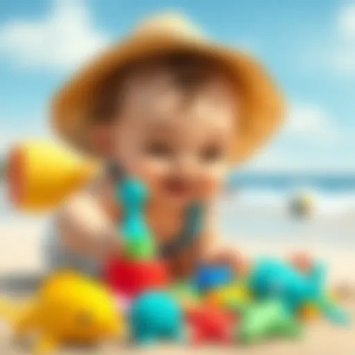 A baby exploring the beach with colorful sea toys.