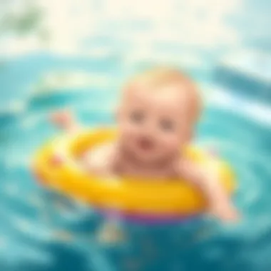 A baby enjoying floating in the water with a buoyant device.