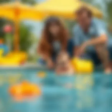 Parents supervising their baby playing with safe water equipment.