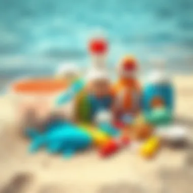 A variety of safe sea products for infants displayed on a sandy surface.