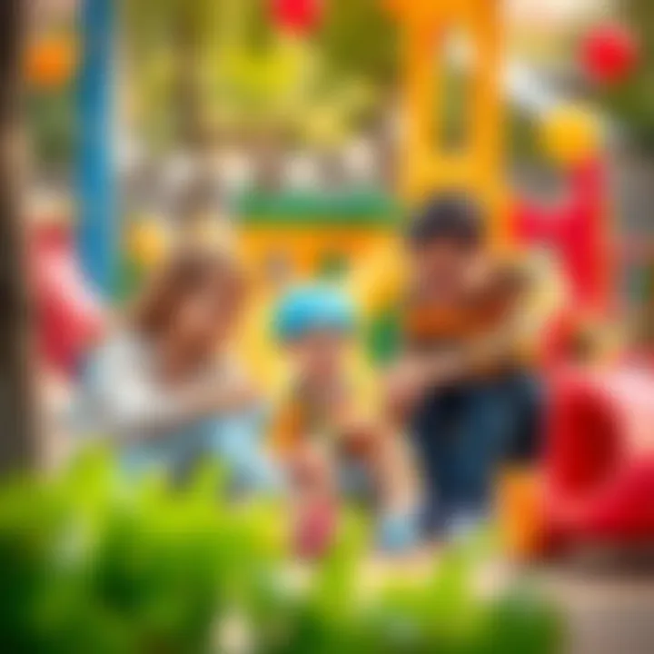 Parents engaging with their child in a vibrant outdoor play space
