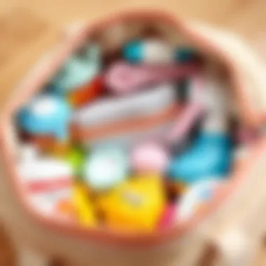 Close-up of essential baby care items organized in a bag
