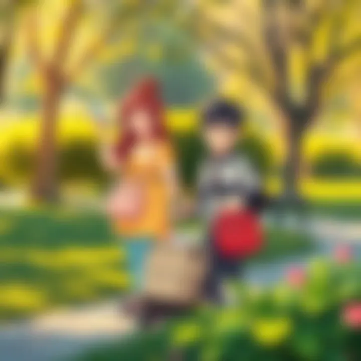 New parents effortlessly using a diaper bag in a park