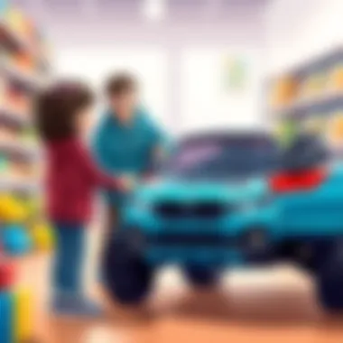 Guiding Choices: Parents and Toy Selection Parent and child selecting a large toy car together, emphasizing choice