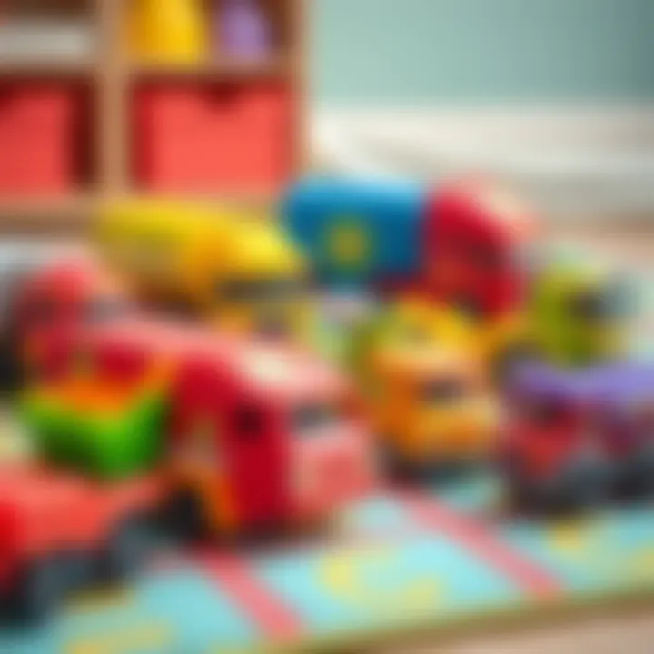 Colorful BP truck toys arranged on a play mat