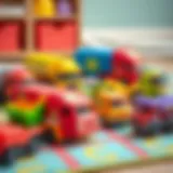 Interactive Playtime with BP Truck Toys Colorful BP truck toys arranged on a play mat
