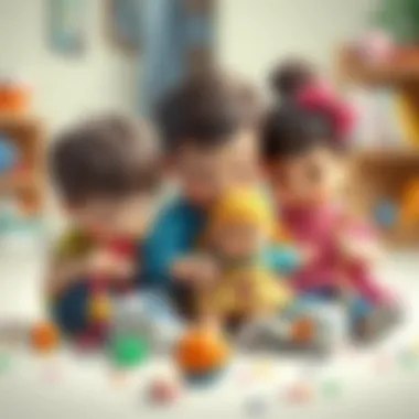 Children playing with oversized dolls, fostering imagination
