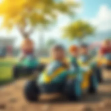 Group of children racing remote-controlled cars outdoors