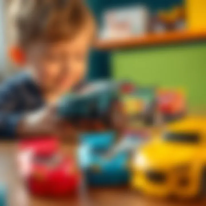 A child engaging with Hot Wheels FF Premium cars, illustrating educational play