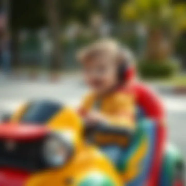 Close-up of a child enjoying a ride in a colorful electric vehicle