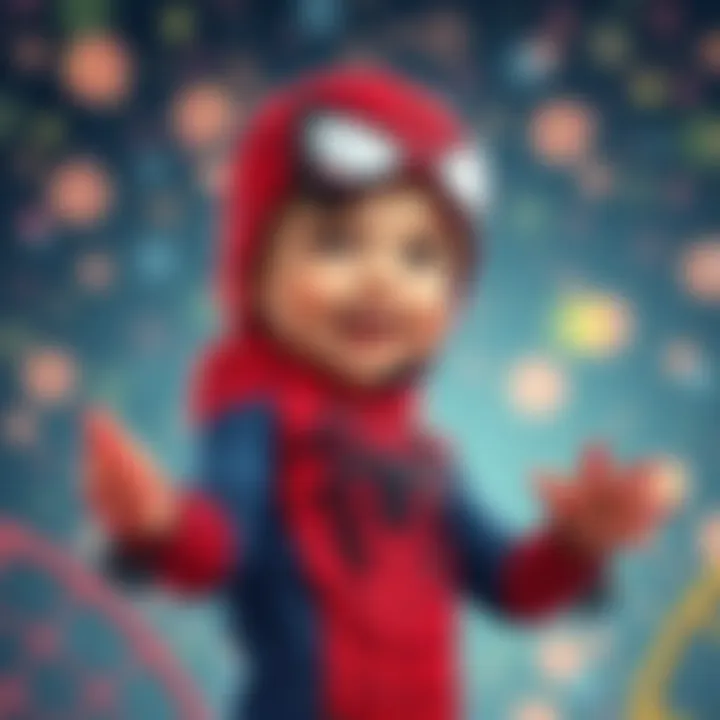 Child playing in a Spider-Man costume, showing joy and creativity