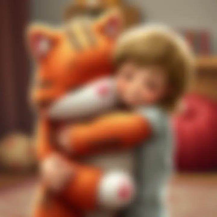 Child hugging a plush cat toy