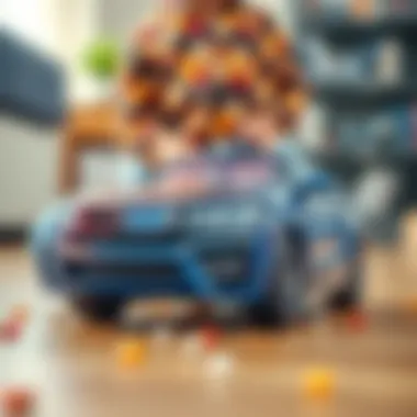 Close-up of a child playing with a BMW toy car, emphasizing educational development