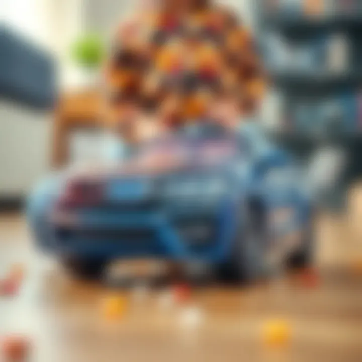 Close-up of a child playing with a BMW toy car, emphasizing educational development