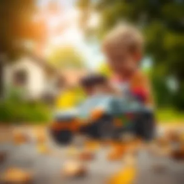 Child playing with a remote control car outdoors