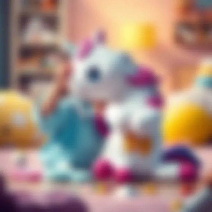 Child playing joyfully with a unicorn plush toy