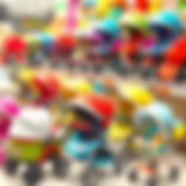 A variety of strollers displayed in a store