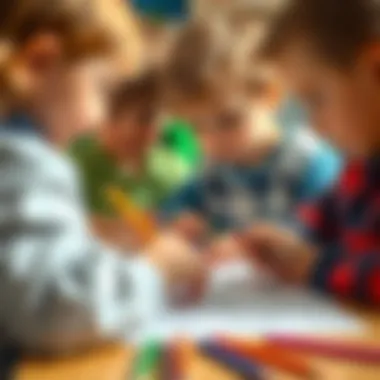 Children engaged in a collaborative coloring activity with colored pencils