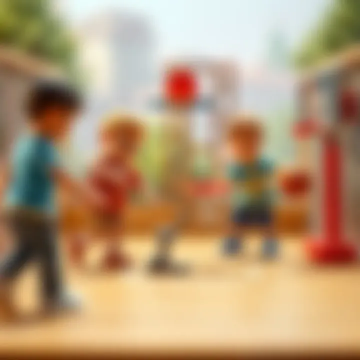 Children Interacting with Basketball Model Children engaging with a basketball court model, enhancing their motor skills