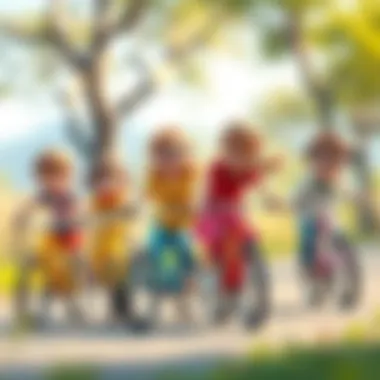 Group of children learning to ride bicycles together