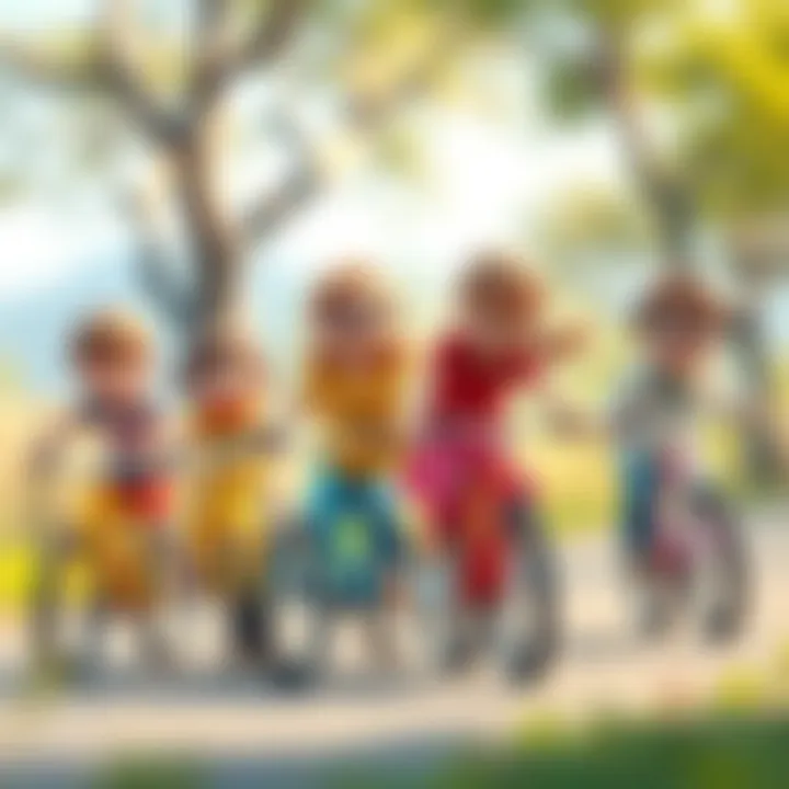 Group of children learning to ride bicycles together