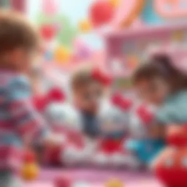 Children playing with Hello Kitty dolls in a vibrant setting.