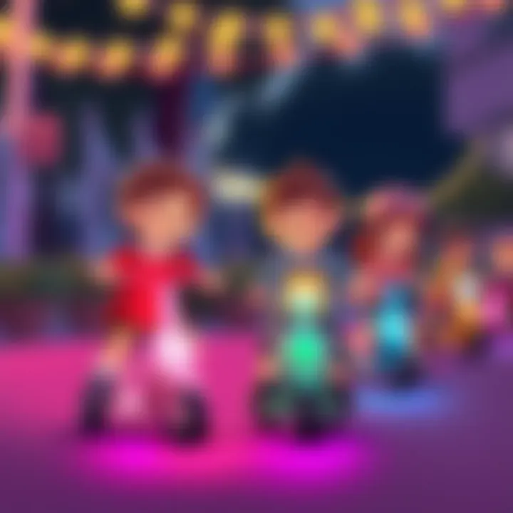 Group of children playing with light-up scooters