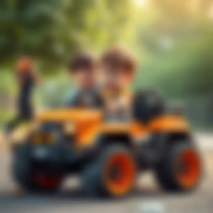 Children playing with an 8x8 remote-controlled truck, enhancing their motor skills.