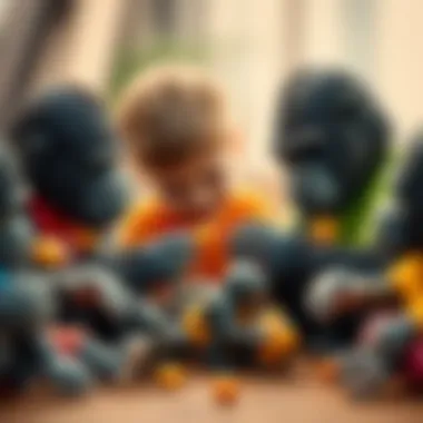 A group of children sharing and playing with various toy gorillas, illustrating social skills