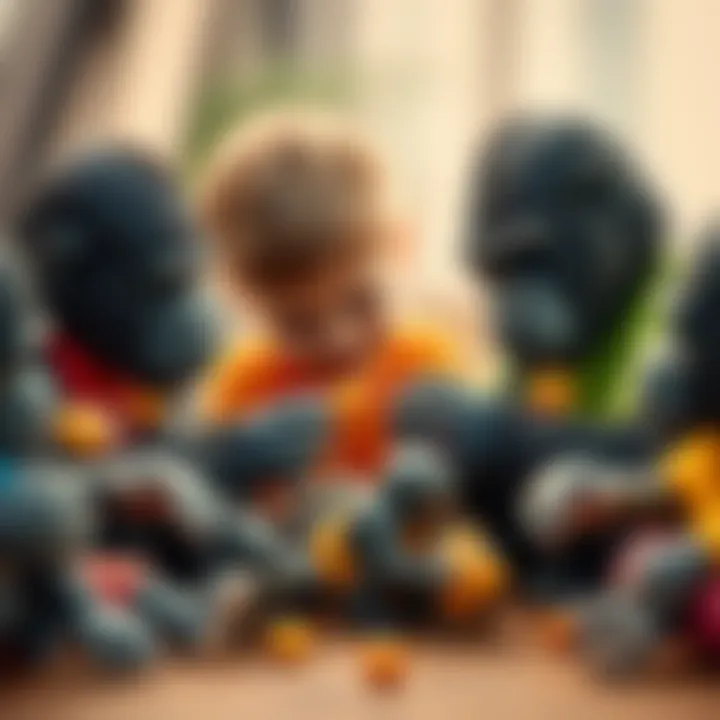 A group of children sharing and playing with various toy gorillas, illustrating social skills