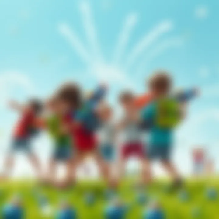 Group of children engaged in a fun water play battle with backpack water guns