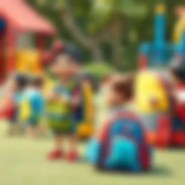 Children of diverse backgrounds happily using their school bags in a playground