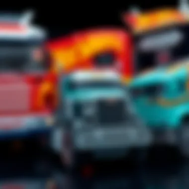 A close-up view of Hot Wheels trucks showcasing their design and features