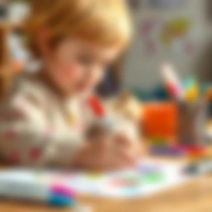 Children Using Single Markers for Creativity A child engaging in an art activity, using a single marker to create colorful drawings on paper.